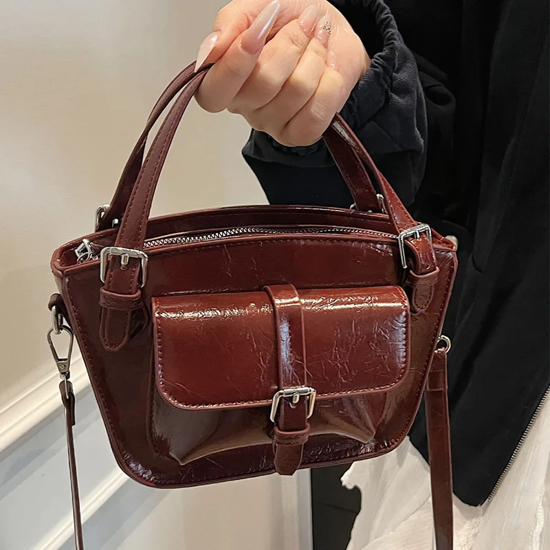 

Flap Belt Buckle Vintage Bucket Bag Summer New Women Fashion PU Leather Handbags Korean Casual Commute High End Crossbody Bag
