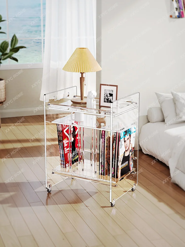 Acrylic mobile bookshelf shelf children's floor with wheels multi-layer trolley desktop storage magazine reading rack