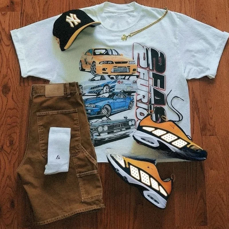 

Homage Tees Retro American Street Loose Heavyweight ort Sve T-irt Pure Cotton Racing Driver Print Youth Faion Summer