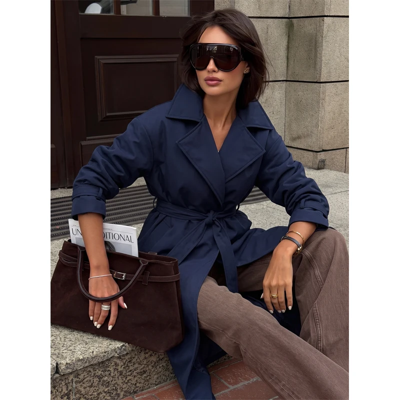 Wide Lapel Self Tie Belt Long Wrap Coat For Women Oversized Loose Elegant Warm Winter Trench Style New Casual Daily Outerwear