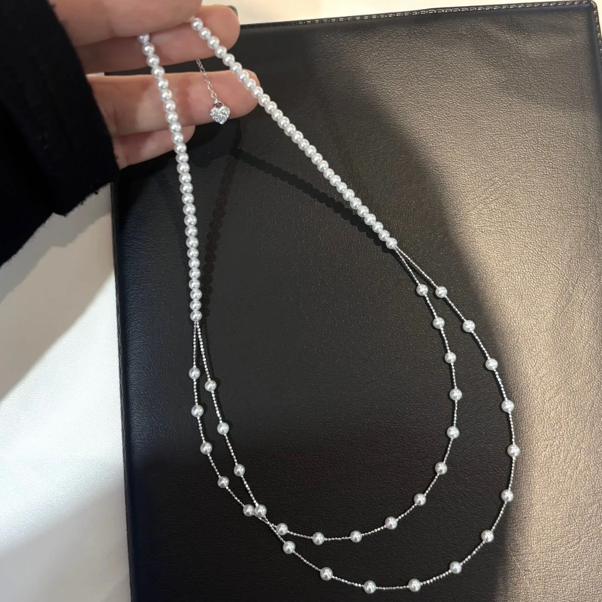 S925 Silver Double Layer Pearl Necklace 3-4mm Natural Freshwater Pearl Dainty Women Choker Neck Jewelry