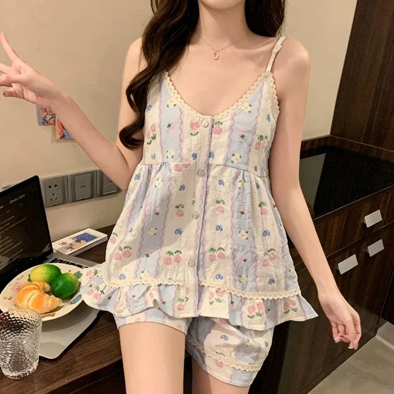 Flower Print Summer Women's Pajamas Set Spaghetti Strap Sleepwear 2 Piece Set Korean Style Casual Sweet Cute With Chest Homewear