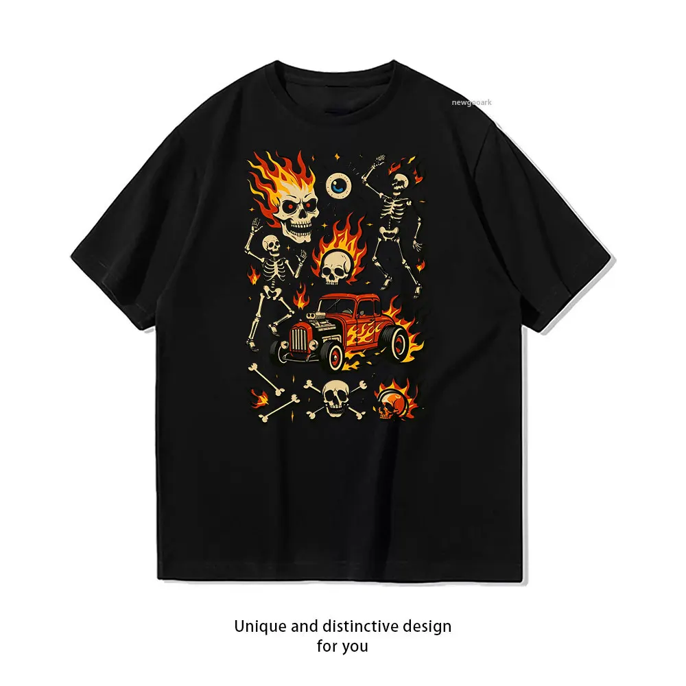 Flaming Skulls & Classic Car T-Shirt Casual cotton graphic t shirts Creative streetwear Classic O-neck shirt