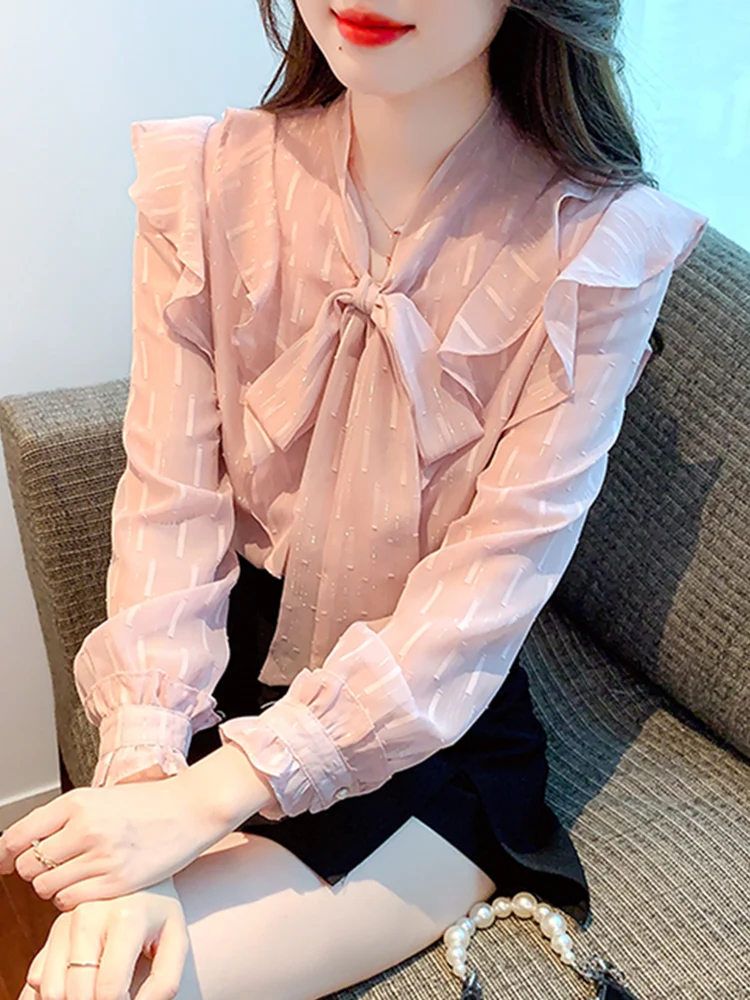 

Ele Long Sve Chiffon irt Women's Spring Faion Design Knot Beautiful Small Top Korean Sle Commute Wind