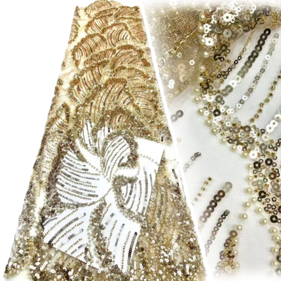 

Luxury African Beaded Lace Fabric 2026 High Quality French Nigerian Mesh Sequin Lace Fabric for Party Evening Dress Sewing 2214
