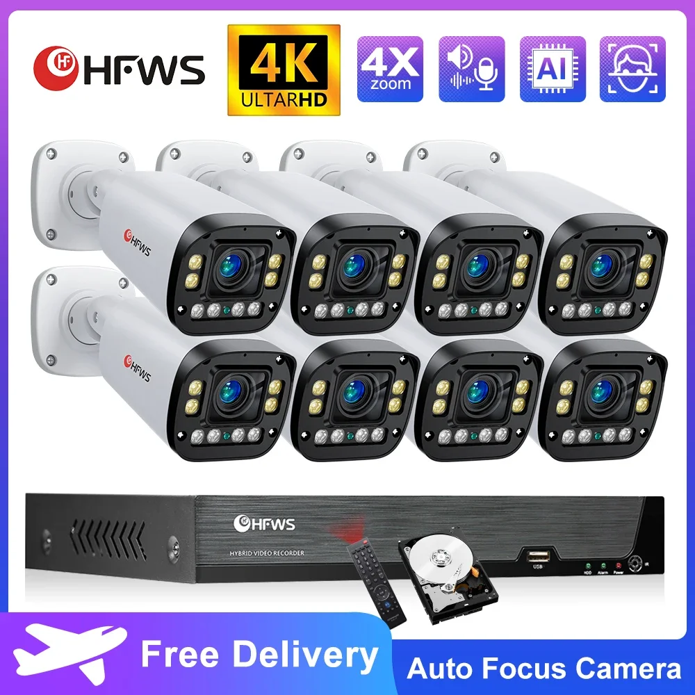 HFW 4K 8MP Poe Security Camera System Auto Focus Lens 2.8-10mm Lens 4x Zoom Vedio Surveillance Cameras Kit Ourdoor CCTV Set