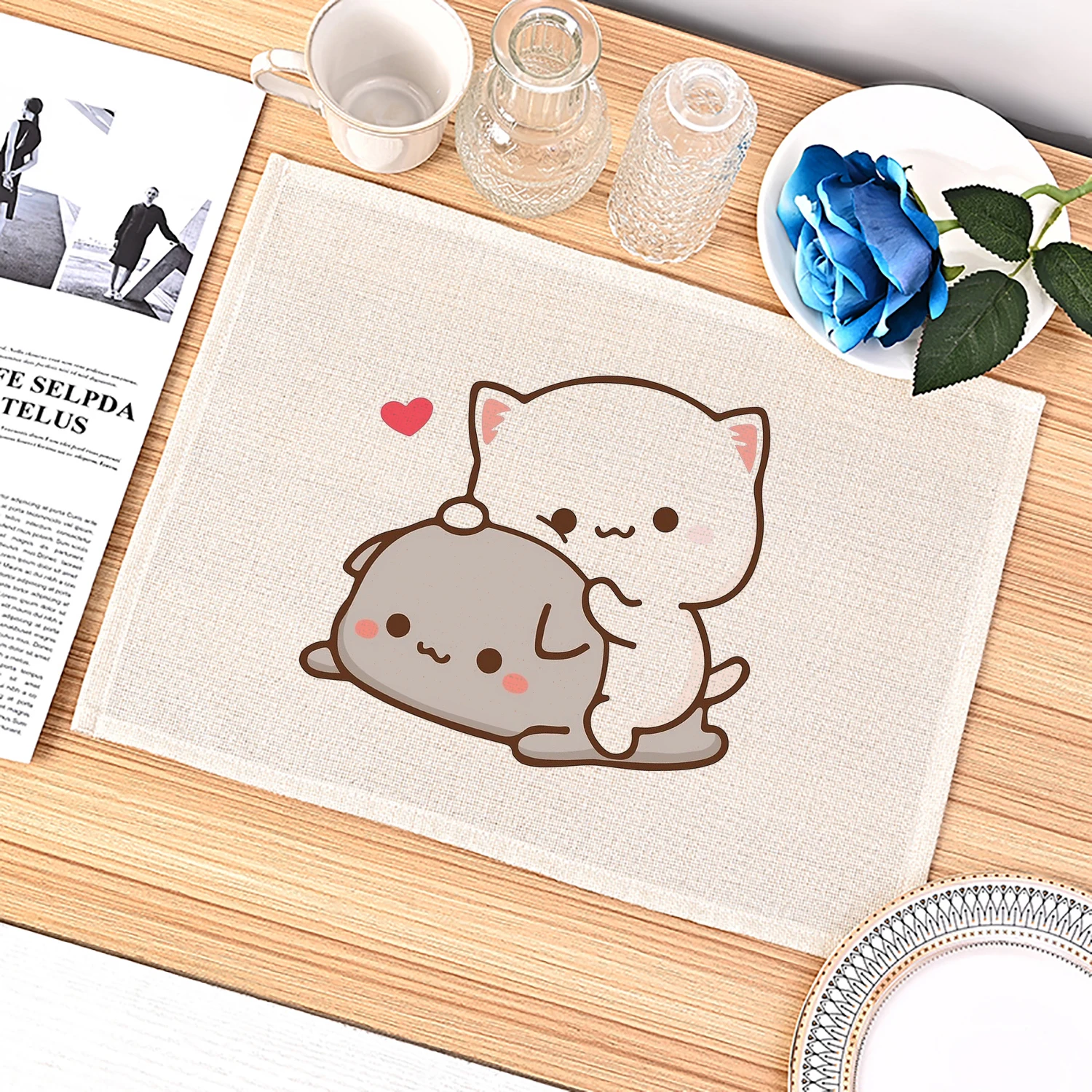 Peach and Goma Cartoon Funny Cute Placemats Kitchen Placemats Mocha Mochi Peach Cat Coasters Linen Mats Coffee Cups Table Mats