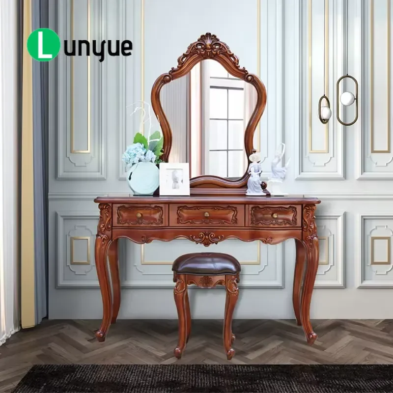 American Classic Solid Wood Carved Dresser with Mirror and Stool Antique Bedroom Furniture Storage Cabinet Vanity Table