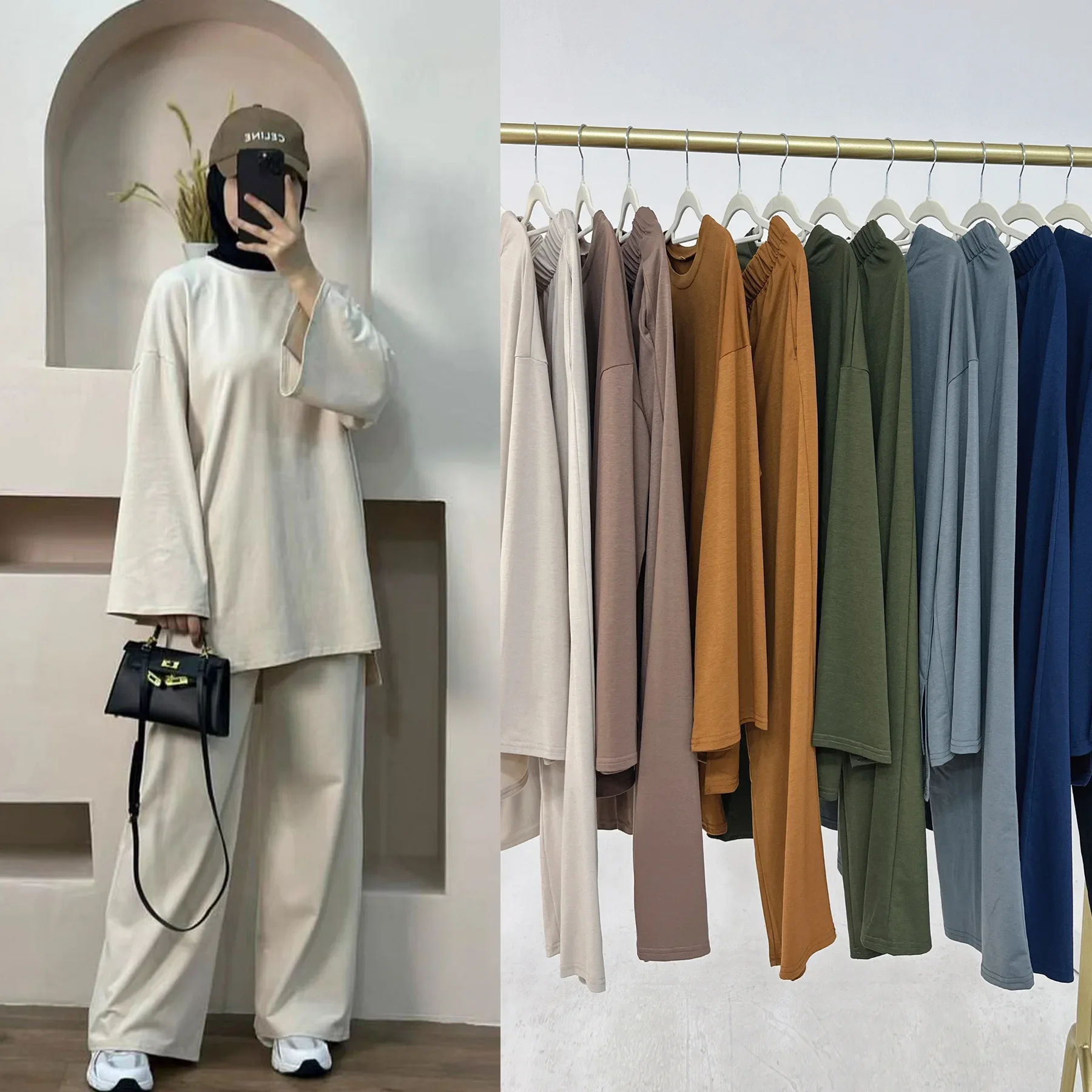 

2 Piece Sets Middle East Muslim Women Clothing 2025 Dubai Top and Pants Suits Islam Plain Turkey Loose Outfits Abaya Kaftan Robe