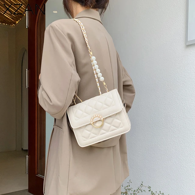 Markowy Design w stylu Vintage damska torba mała na ramię Crossbody torebka dziewczęca niebieska czarna biała kopertówka moda perła torba na łańcuszku