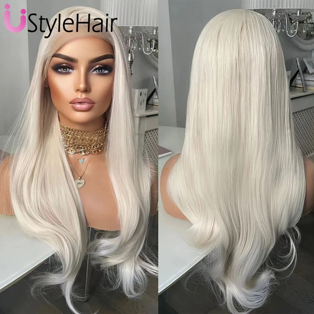 UStyleHair-Loira Platina Peruca Dianteira Do Laço, Onda Natural Cabelo Sintético, Uso Diário, Cosplay Partido Perucas, Drag Queen