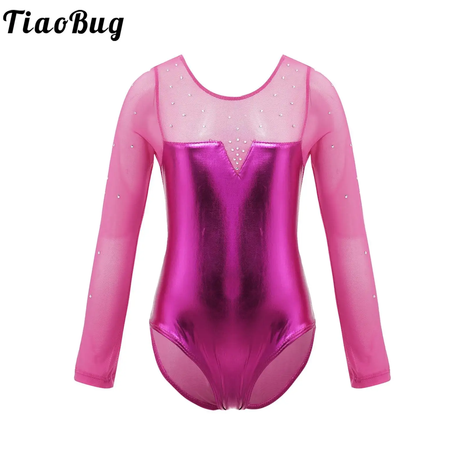 

Kids Girls Rhinestone Ballet Dance Leotard Figure Skating Rhythmic Gymnastic Performance Costume Long Sleeve Sheer Mesh Bodysuit