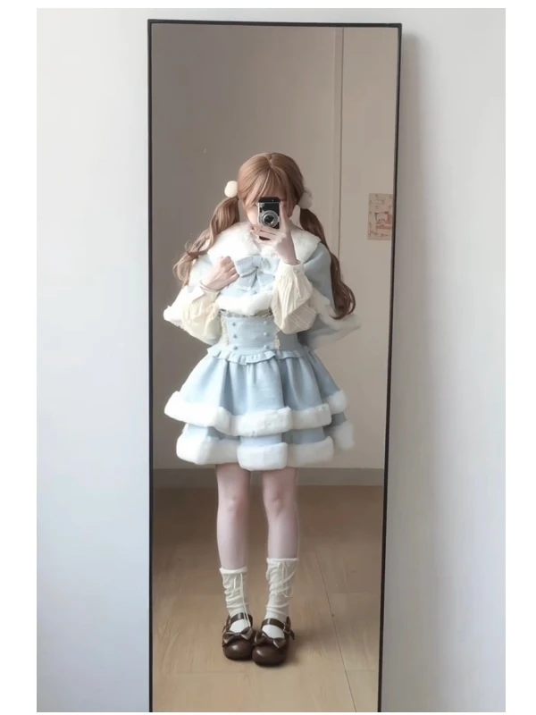 

Sweet Lolita Blue Fur Collar Coat Dr Women's Autumn Winter Cute Two-Piece Set Faionable Casual Sweet Sle Long Sve