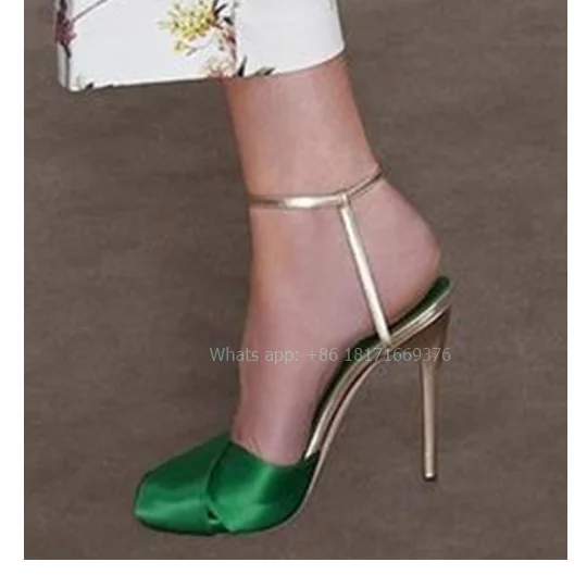 

Peep Toe Green Sexy Buckle Slingback Sandals Lady Fashion Thin High Heel Satin Dress Sandals Summer Women Shoes 2024 Design