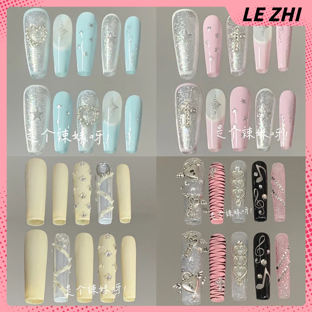 

10Pcs Sweet Cool Long Coffin Tip Shape Handmade Press On Nails Shining Diamond Stars Flower Musical Notes Wings Full Cover Nails