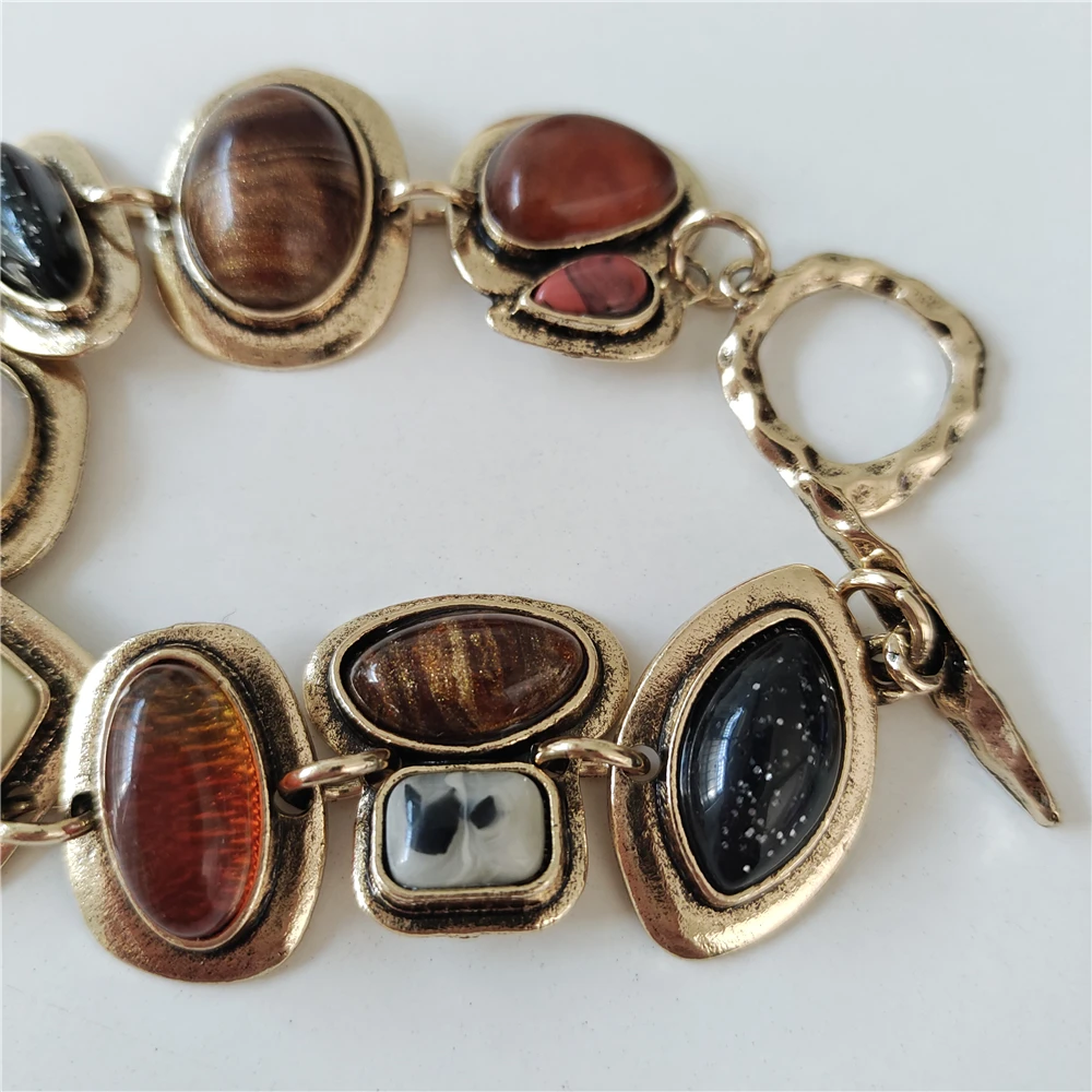 2024 New ZA Indian Ethnic Vintage Bracelet Women Fashion Boho Statement Charm Metal Hollow Links Resin Stone Bracelets Jewelry