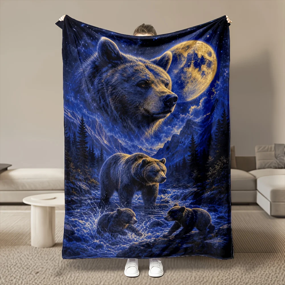 1pc Blue Moon Bear Family Flannel Blanket - Heavyweight 280GSM Ultra Soft Warm Suitable for - Bedspread, Cozy Winter Throw for Bed, Sofa, Dorm & Car, Machine Washable Bedding Gift for &, Adorable Bear Print