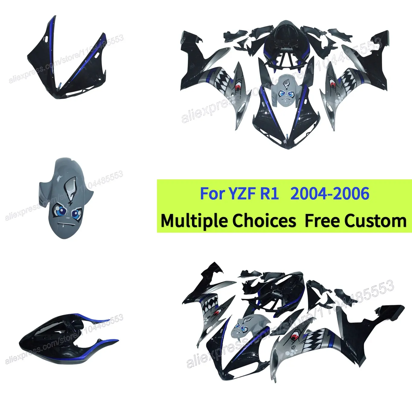 

Серый, черный комплект обтекателей, подходящий для YAMAHA R1 2004 2005 2006, YZFR1, пластиковые обвесы с рисунком акулы и граффити
