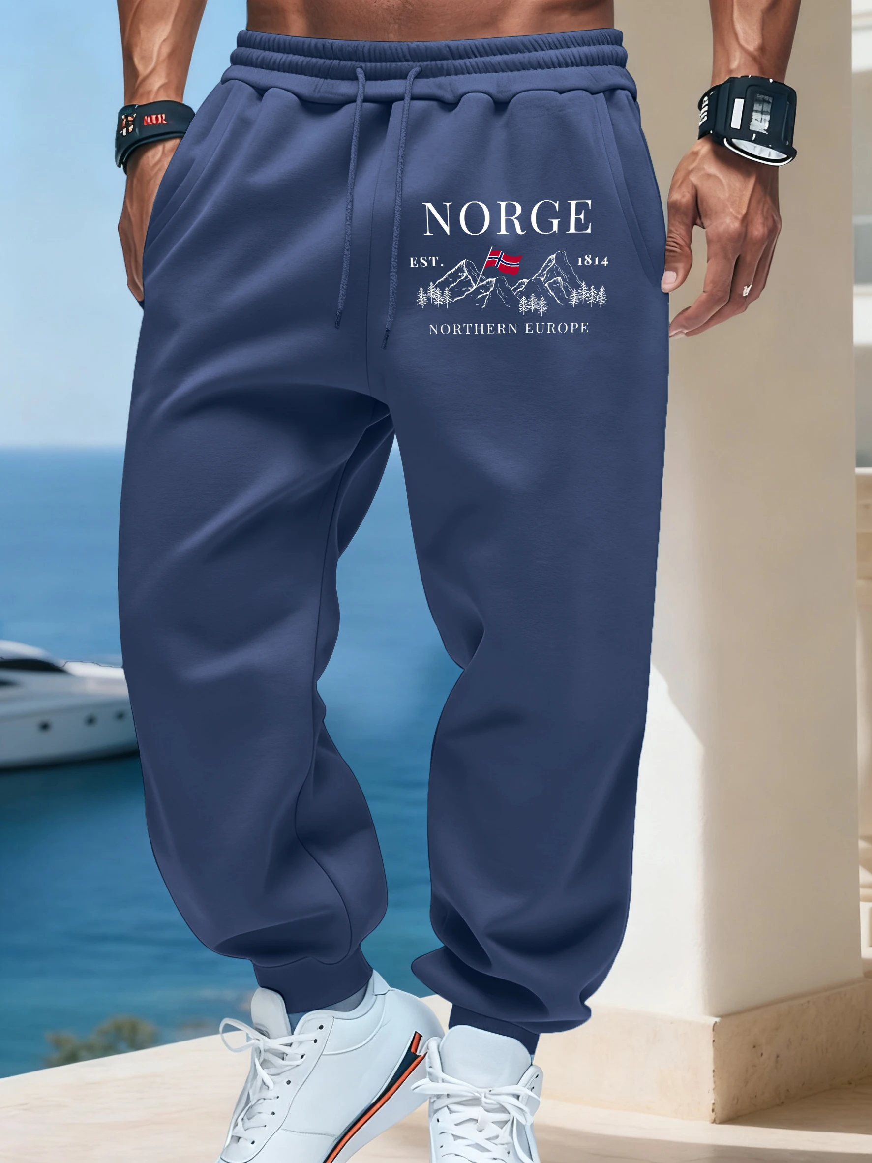 

Norge Northern Europe Prints Casual Basics Sportpants Man Warm Soft Britches Street Pocket Long Pants Comfy Fleece Sweatpant