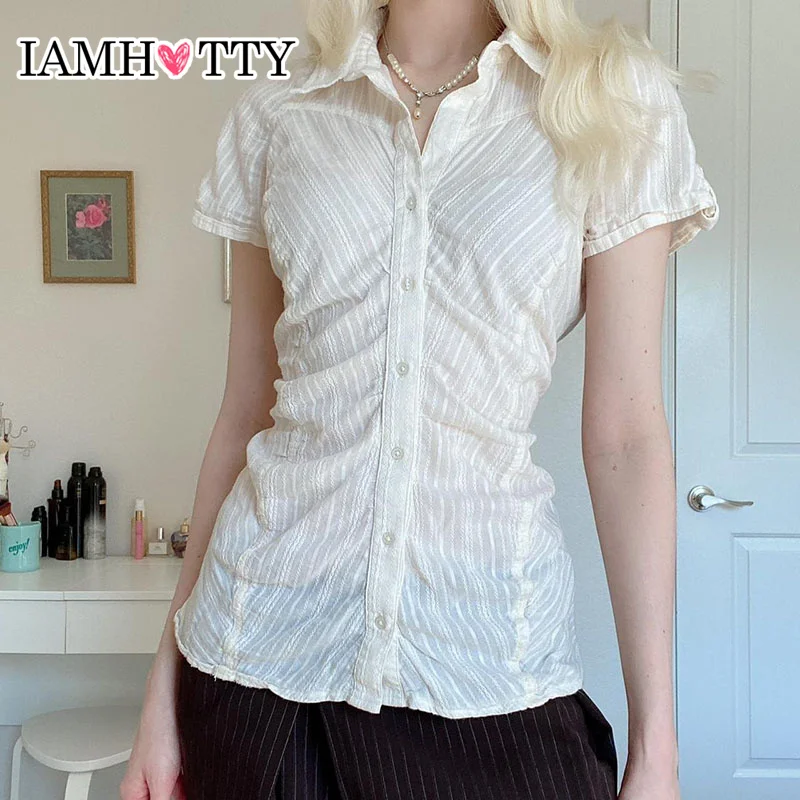 IAMHOTTY French Style Button-up Blouse Women\'s Chic Elegant Striped Short Sleeve Shirt Summer Fairycore Tees Streetwear Ladies