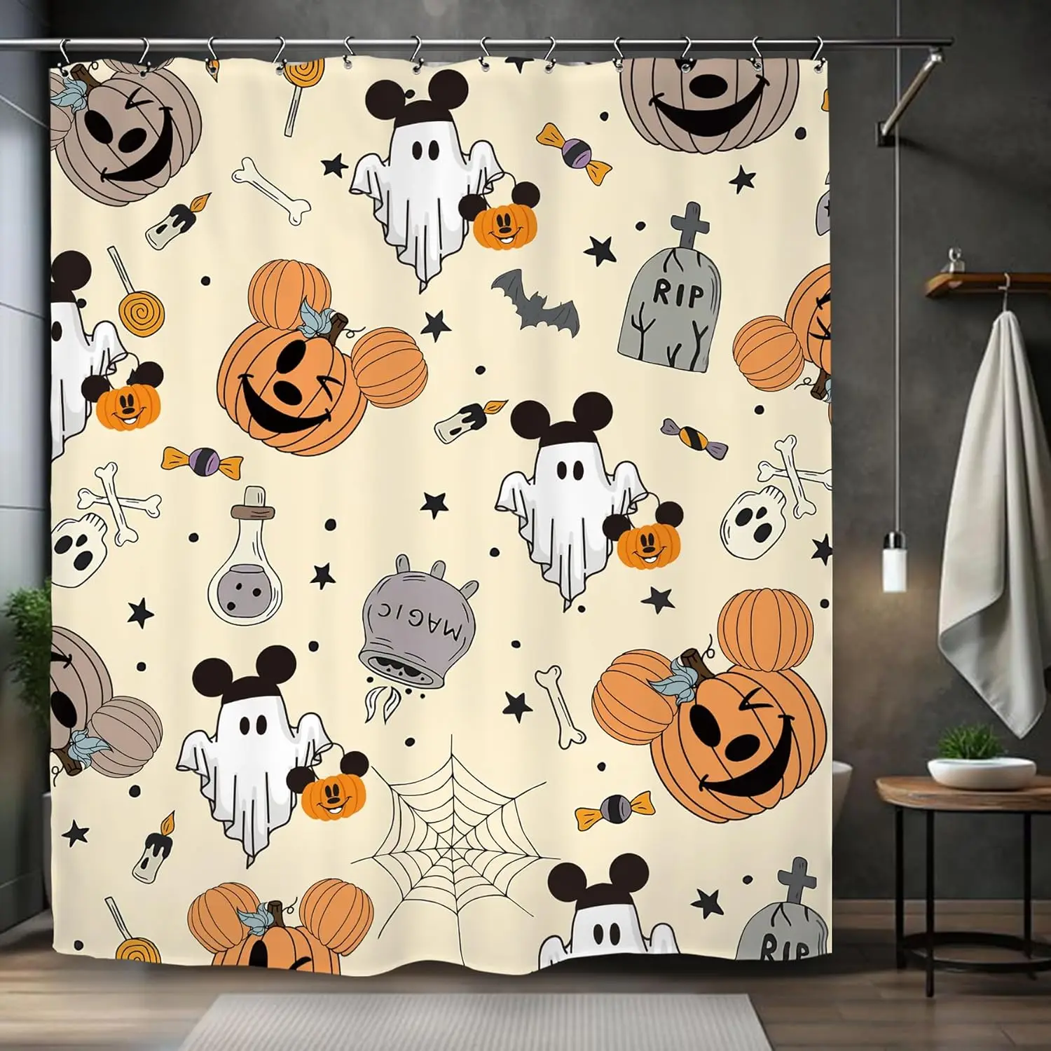 Halloween Pumpkin Ghost Shower Curtain Mouse Head Pumpkin Skull Kids Boys Holiday Scary Horror Spooky Bathroom Set Accessories