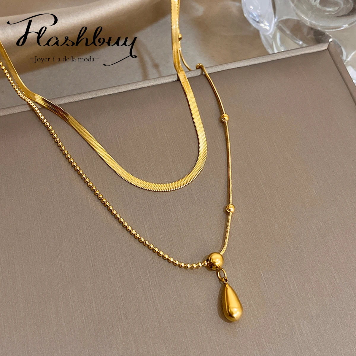 Stylish Stainless Steel Water Drop Pendant Necklace Statement Gold Plated Double layered Chain Stackable Gold Color Jewelry