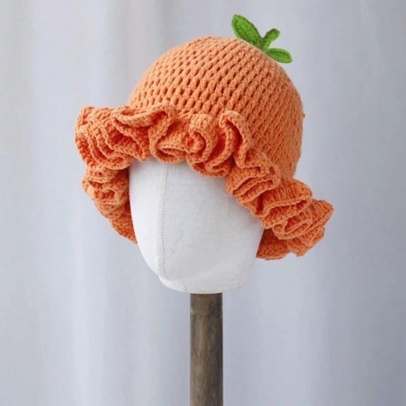 

Hand Woven Knitted Fisherman's Hat with Pleated Ruffles Pumpkin Horn Skull Design Woolen Costume soft Hat for Halloween Cosplay