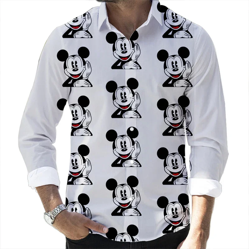 2023 Fall Hot Sale Casual Button Long Sleeve Shirt Disney Mickey Donald Duck and Goofy 3D Full Print Fashion Men\'s Lapel Top