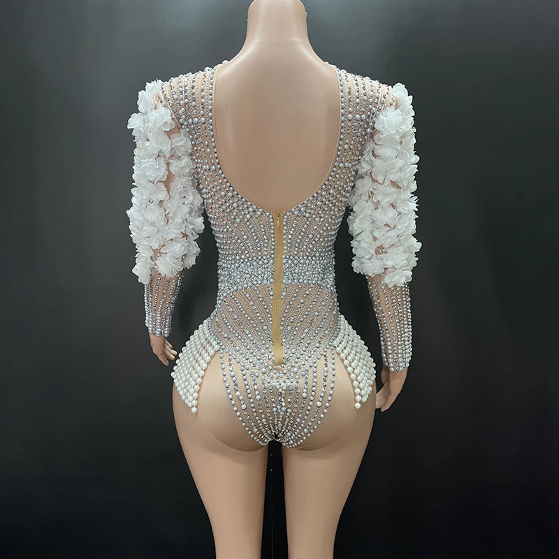 2024 luxurious Flashing Rhinestones Pearls Bodysuit Birthday Celebrate Dress DJ DS Bar Female Singer Show Wear Stretch Clothes