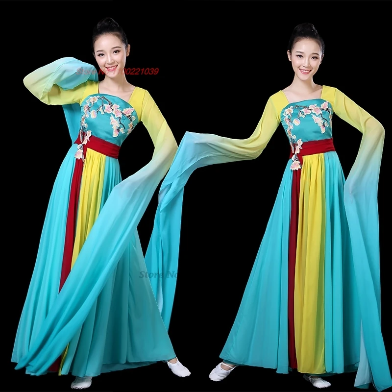 

2024 traditional chinese folk dance costume gradient color flower embroidery hanfu dress retro stage dance performance dress