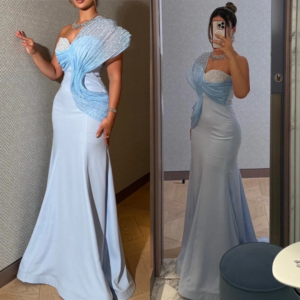 

Customized Elegant Blue Jersey Evening Dress Formal Strapless Sleeveless Celebrity Gowns Delicate Mermaid Crystal Prom Dresses