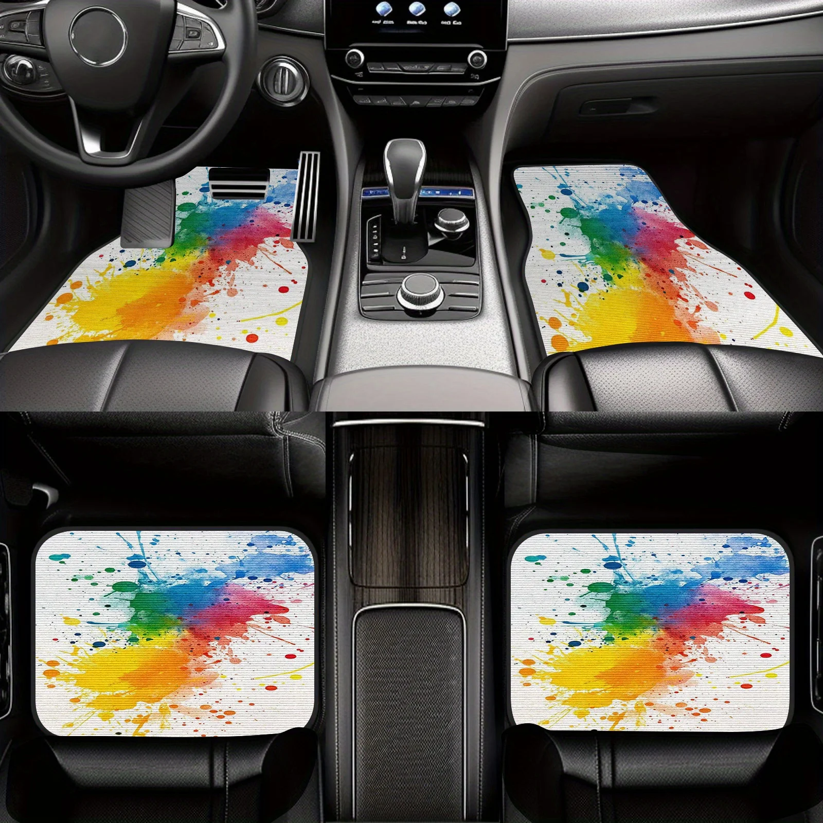 4pcs Car Floor Mats Colorful Watercolor Splash Design Polyester Fiber Universal Fit Car Floor Mats Car Additions Interior Decor