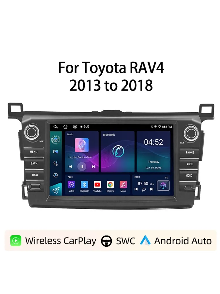 8-Zoll-Android-Autoradio Typ-C für Toyota RAV4 2013 bis 2018, kabelloses CarPlay, Android Auto, GPS-Navigation, Bluetooth, Lenkradsteuerung