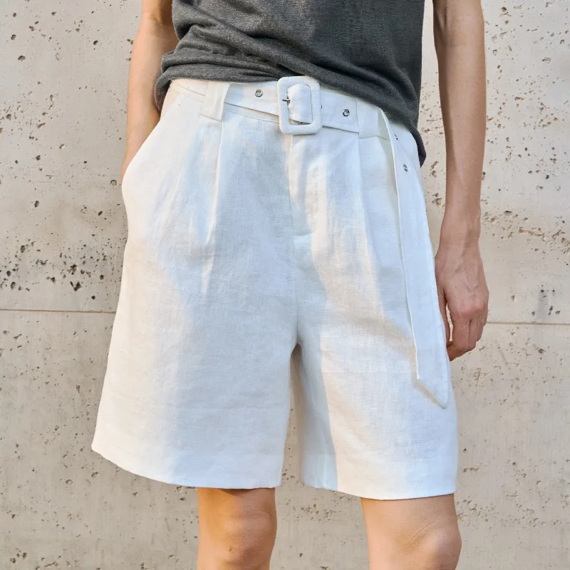 Premium 100% Linen Women's Shorts Chic Casual Loose Mid-Length Pants With Belt, Summer Retro Linen Office Ladies Shorts