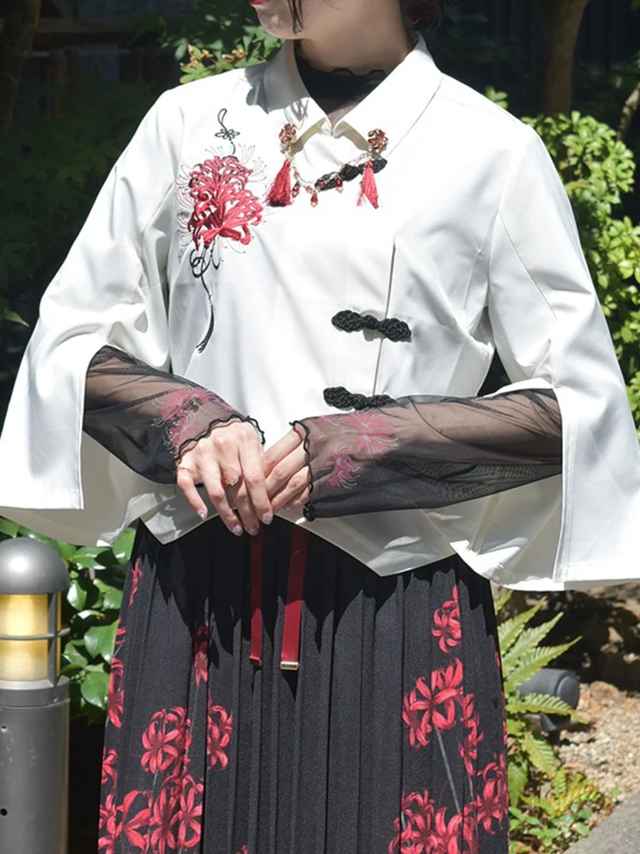 

Ele Chinese Sle Embroidered Anemone Button Decoration Seven Sve Women's irt Top Axes Femme CI7X08 Collar Cas...