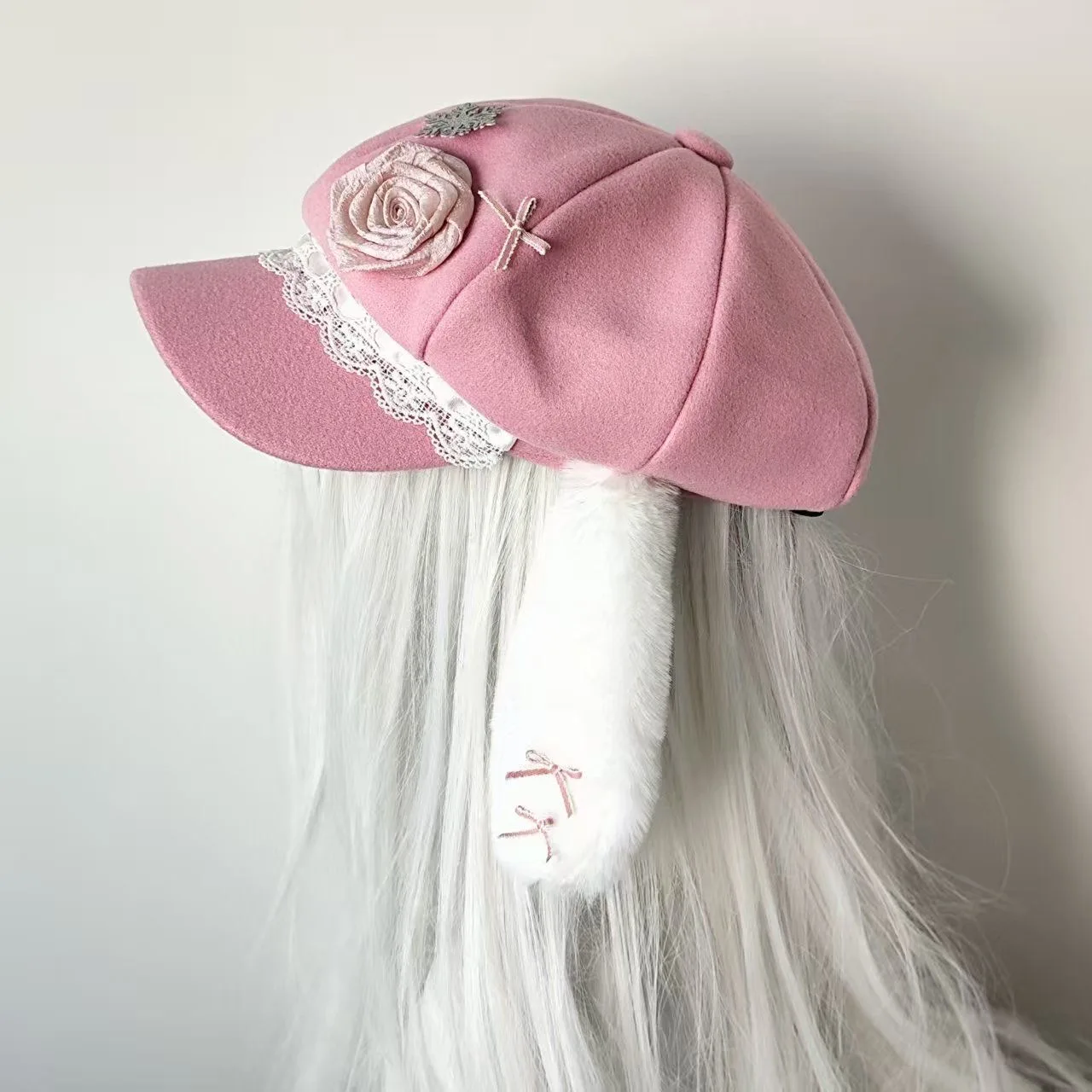 Japanese Sweet Y2k Rose Subculture Pink Rabbit-eared Octagonal Hat Children Lolita Plush Cute Painter Hat Woman 3