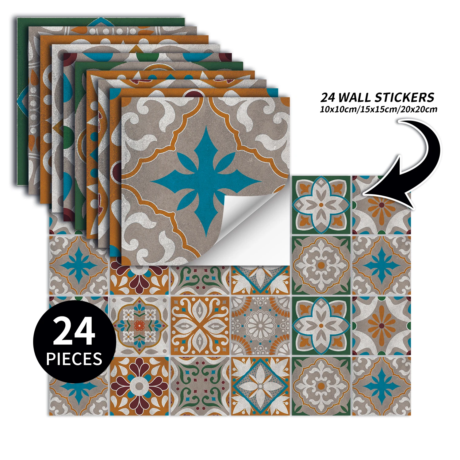 24 pcs/pack, Waterproof and Oil-proof, Easy To Clean, Retro Art Pattern Self-adhesive PVC Tile Stickers