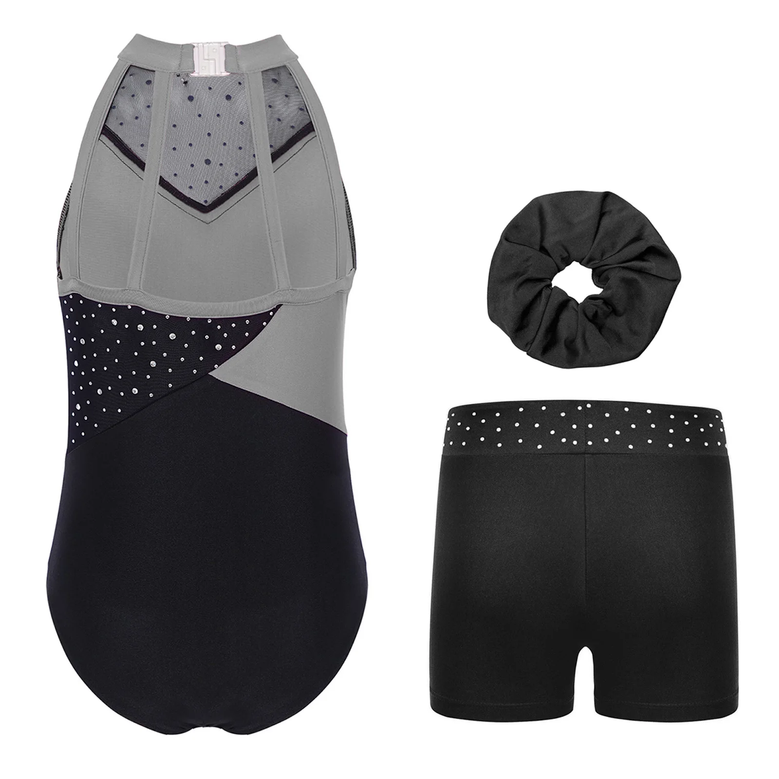 Girl Gymnastics Yoga Dance Leotards Outfit Strappy Back Color Block Glittery Rhinestones Leotard with Shorts And Hairband Sets