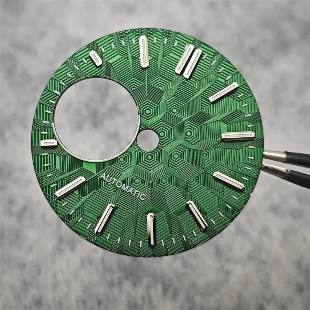 NH38 الطلب 28.5 مللي متر نسيج هندسي ساعة الطلب الأخضر مضيئة ساعة الغوص وجوه ل NH38 حركة تعديل ساعة اكسسوارات