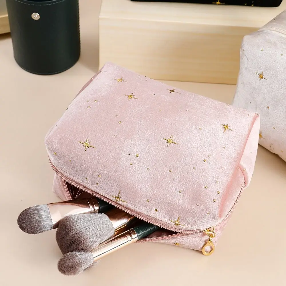 High Quality Portable Cosmetic Bag Soft Velvet with Zipper Women Toiletry Bag Hot stamping star pattern Beauty Case Pouch