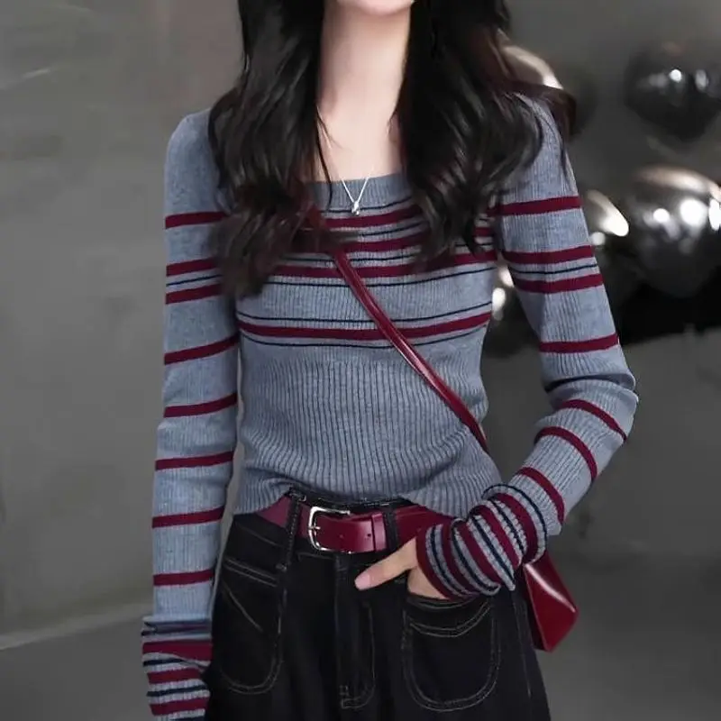 

Модный женский свитер в полоску с длинным рукавом, трикотажный свитер контрастных цветов, Осенний Универсальный базовый топ, Новинка