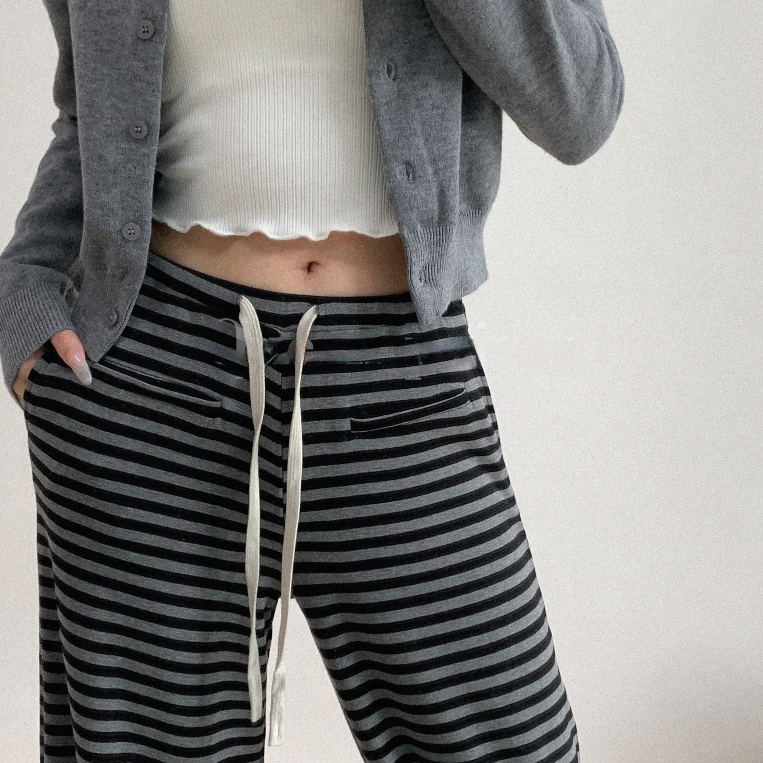 

Low Waist Dstring Wide Leg Pants Women's Casual Striped Sweatpants Floor-Length Spor Comfortable Loose Trousers