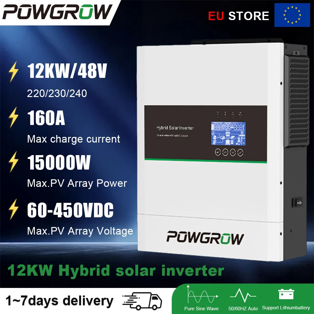 POWGROW 12000W Off Grid Zuivere Sinusgolf Omvormer 12KW Dubbele Uitgang MPPT 220V 48V Max PV Ingang 500V Zonnelader 160A Met BMS WIFI