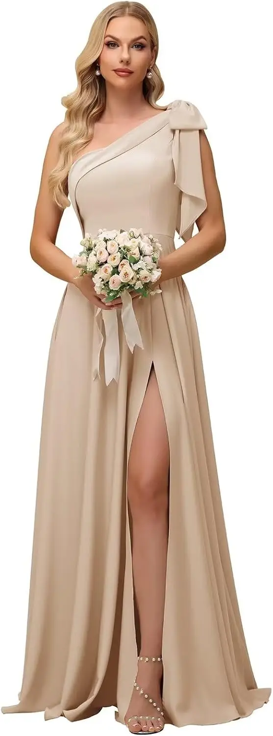 

Satin One Shoulder Bridesmaid Dresses with Bow for Women 2025 A Line Formal Evening Gowns with Pockets Evening Prom Dresses