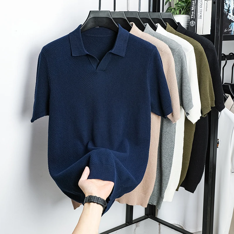 100 Baumwolle High-End-Marke männer Revers Kurzarm T-Shirt Sommer Neue Einfarbig Kleine V-ausschnitt Mode Business freizeit Männer derbekleidung – Detail 7