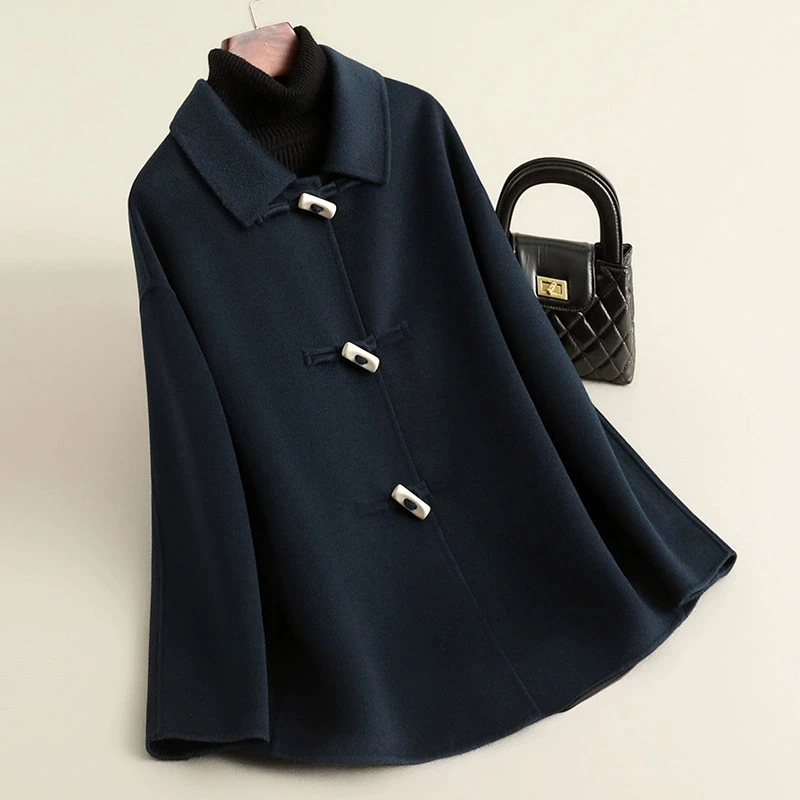 

100% Wool Horn-button Coat 2025 Fall Winter Casual Preppy Style Women Short Loose Double-faced Woolen Coats Femme