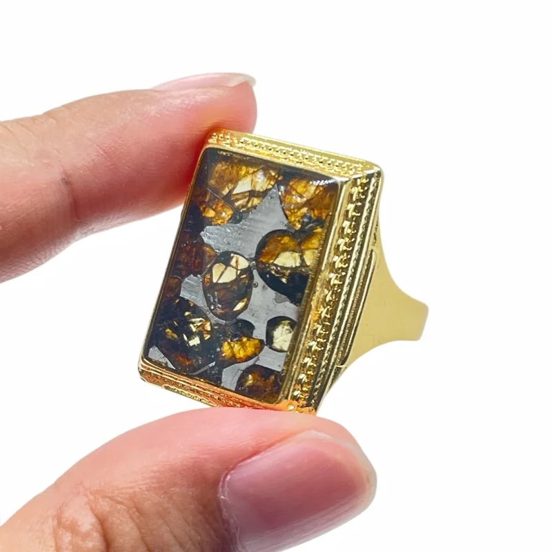 8.6g Seymchan Pallasite Meteorite Gold Plated Adjustable Ring Natural Olivine Crystal Inlay Finger Jewelry Collection - LB183