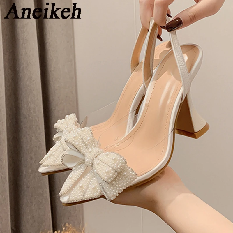 Aneikeh Spring Autumn Fashion Beading Bowknot Women Pumps High HeelsPointed Toe  PVC Transparent Sandals Party Wedding Prom Shoe