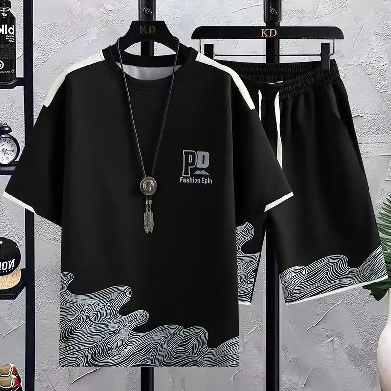 

New Summer Short Sleeved Shorts Set, Waffle Style Men's and Teenagers' Trendy T-shirt Top Pants Two-piece Set