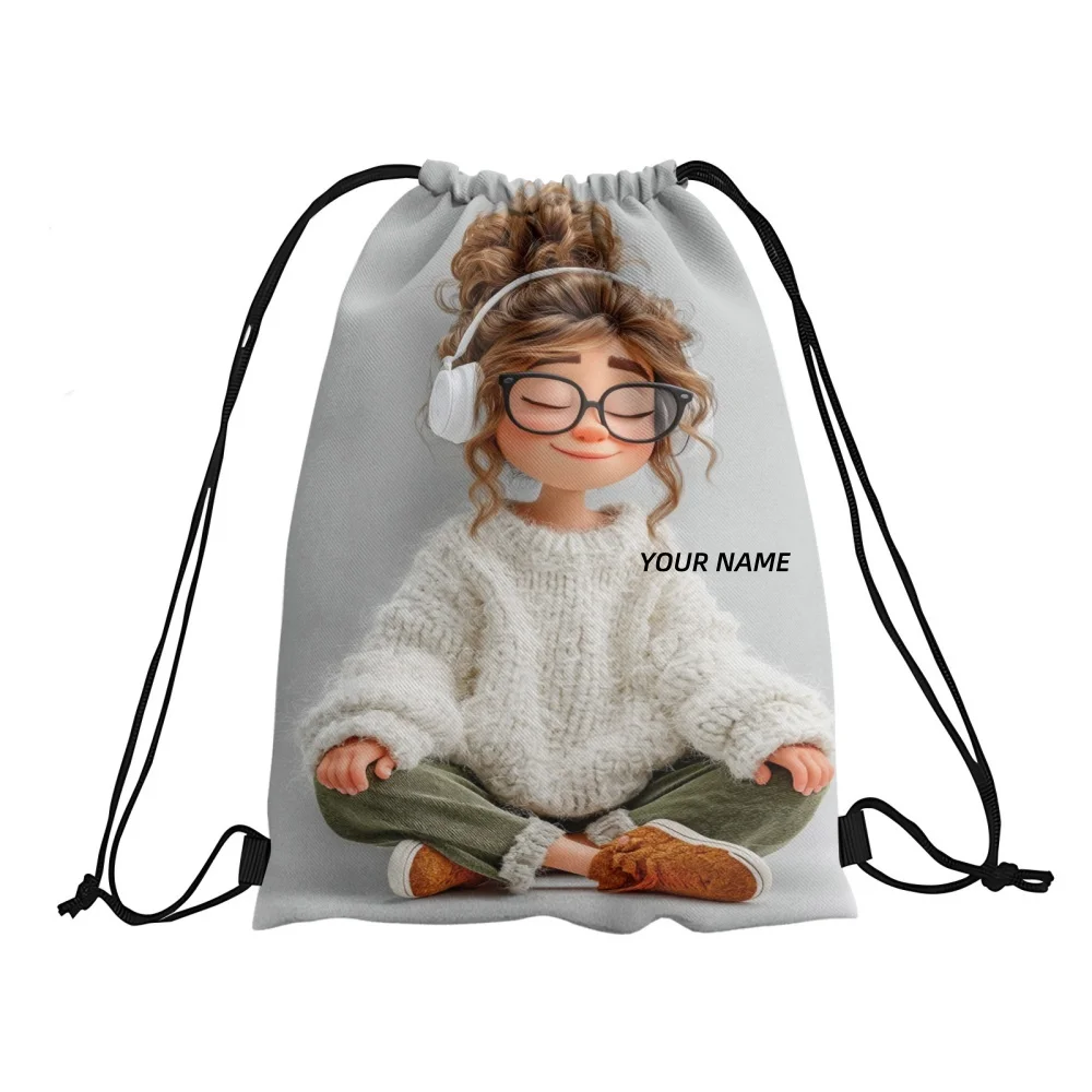 1pc Cute Girl Print Drawstring Backpack Custom Name Lightweight Bag for Women Girls Travel Gym Yoga Camping